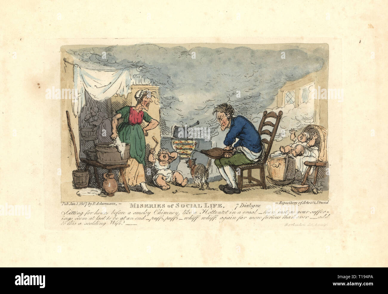 Man using bellows in front of a fire in a smoky room with a scolding wife and bawling child. Handcoloured copperplate engraving designed and etched by Thomas Rowlandson to accompany Reverend James Beresford’s Miseries of Human Life, Ackermann, 1808. Stock Photo