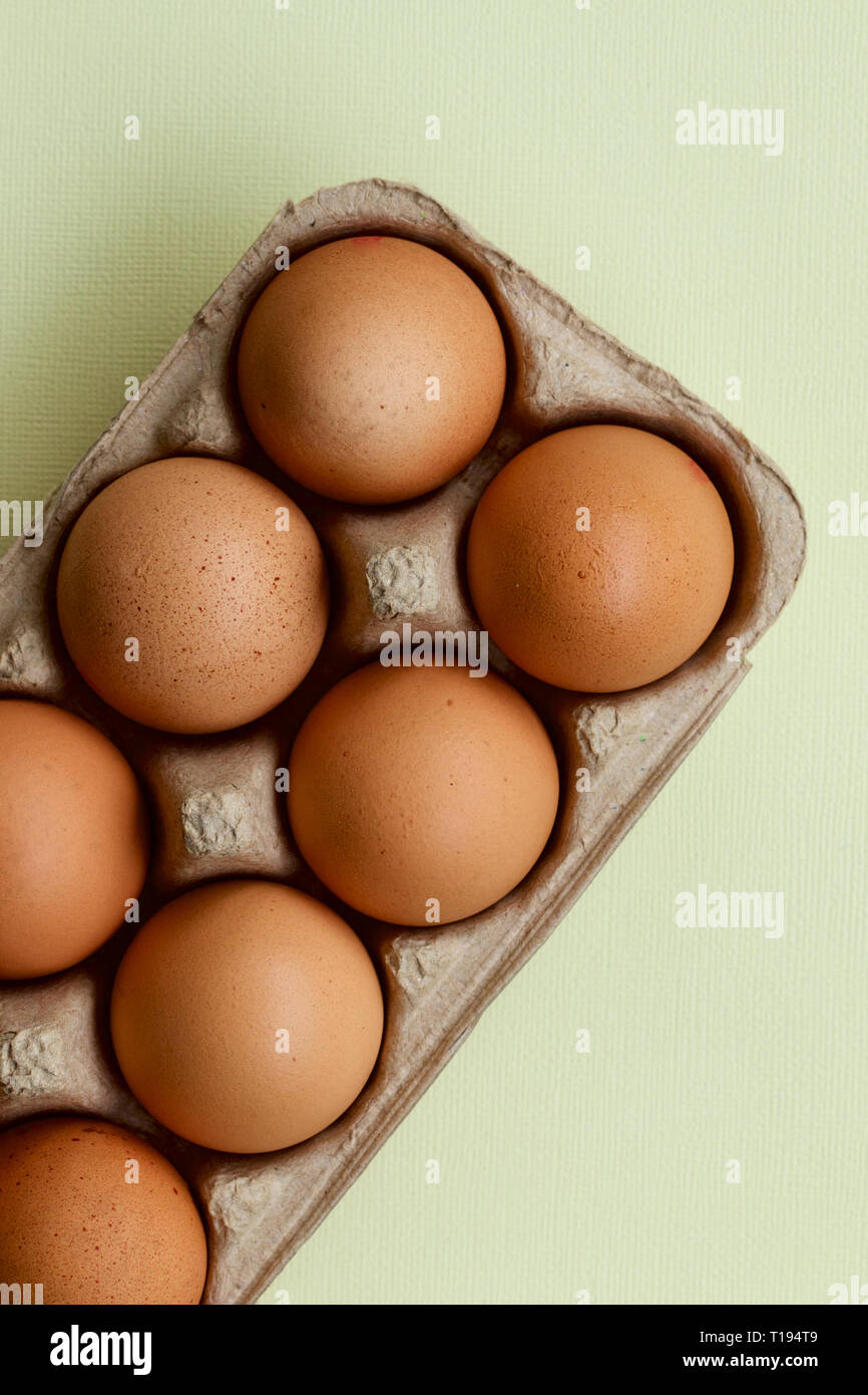 Raw hen eggs in a carton with a colourful background. Stock Photo