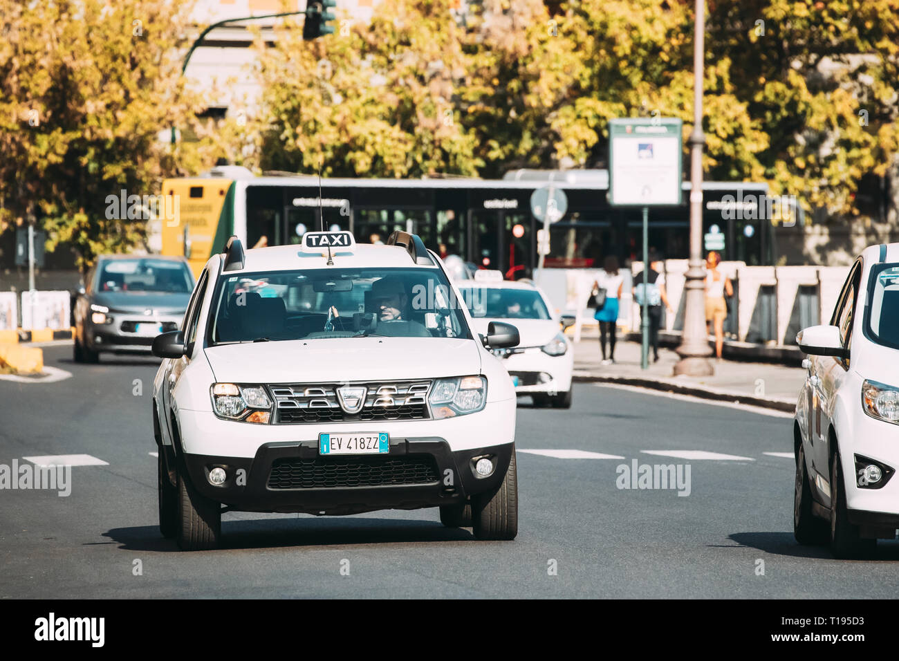 Rome, Italy - October 20, 2018: Taxi Car Dacia Duster SUV In Summer City Street. Duster produced jointly by the French manufacturer Renault and its Ro Stock Photo