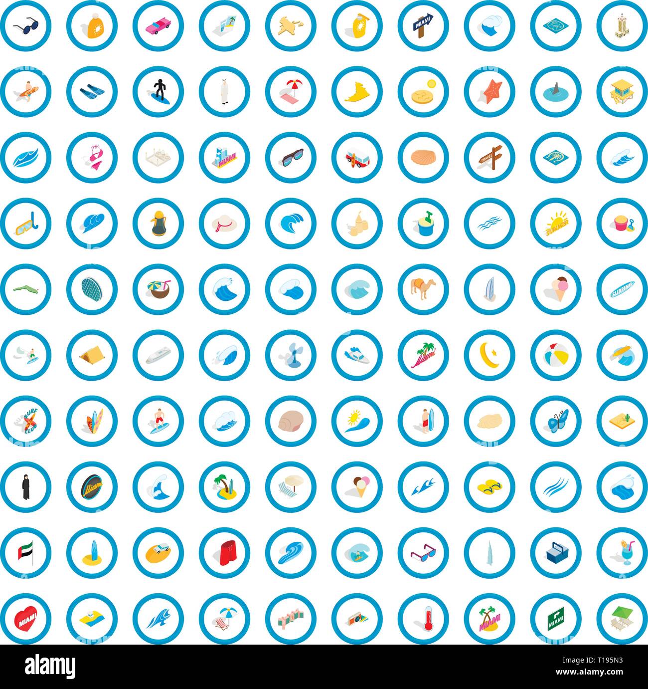 100 miami icons set, isometric 3d style Stock Vector