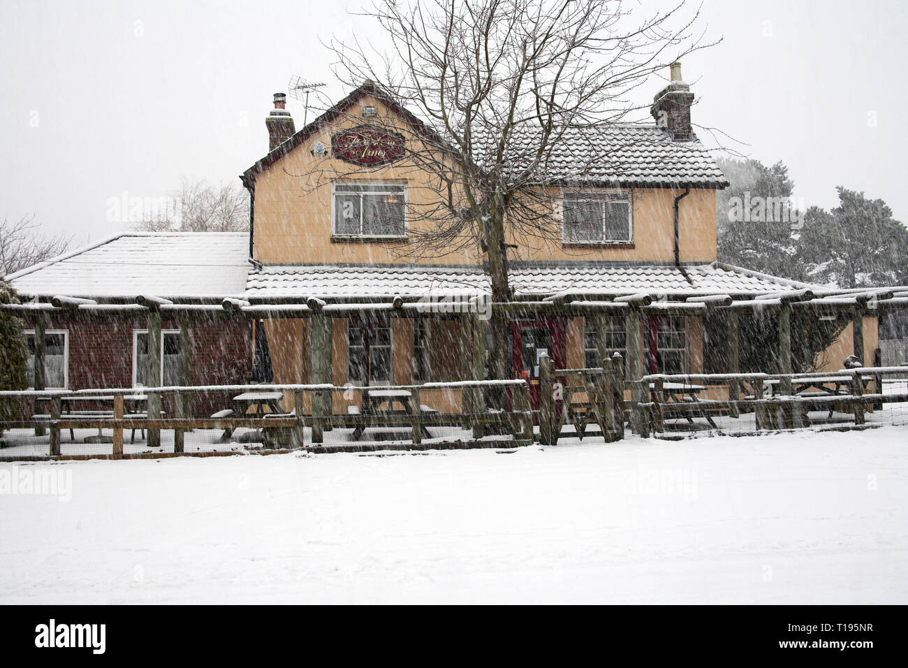 The Foresters Arms during snow storm Frogham New Forest National Park