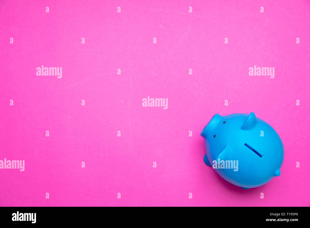 Savings concept. Piggy bank blue color against bright pink background, copy space, top view. Stock Photo