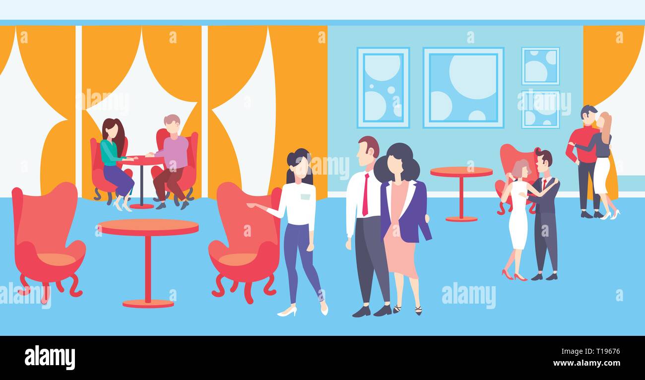 female hostess visitors couple waitress inviting guests