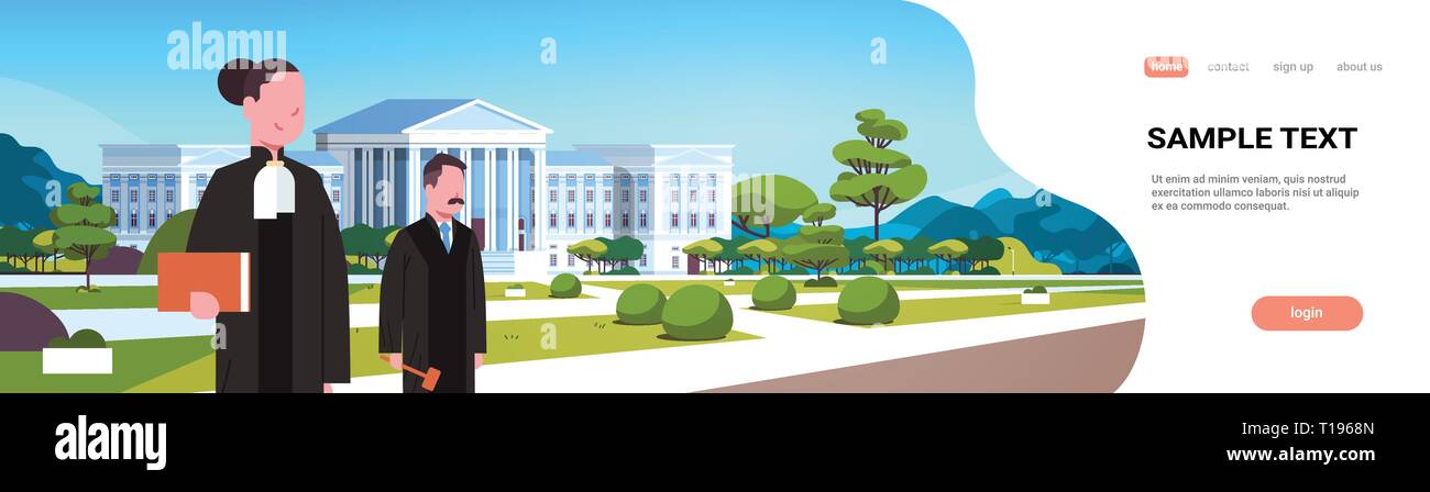 judge man woman couple court workers in judicial robe holding book and hummer standing in front of courthouse exterior landscape background horizontal Stock Vector