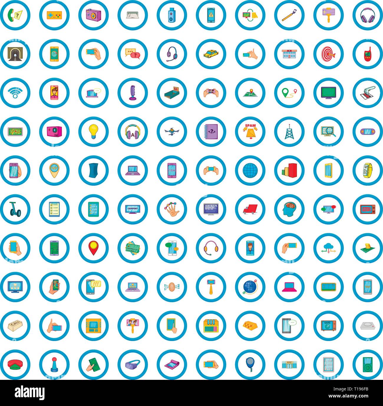 100 mobile icons set, cartoon style Stock Vector