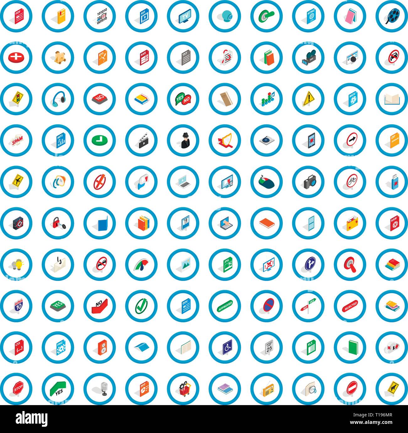 100 mobile app icons set, isometric 3d style Stock Vector