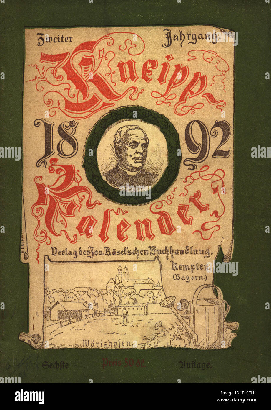 calendar, "Kneipp-Kalender 1892" (Kneipp calendar 1892), publisher: Sebastian Kneipp (1821 - 1897), second volume, 6th edition, wrapper, Kempten, 1892, Additional-Rights-Clearance-Info-Not-Available Stock Photo