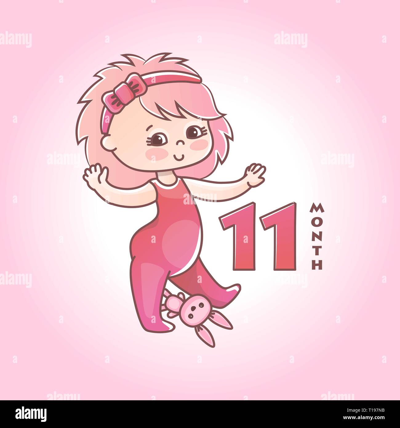 Little baby girl with pink bow and toy bunny. Stages of child development in the first year of life. The eleventh month of a baby girl. Vector Stock Vector