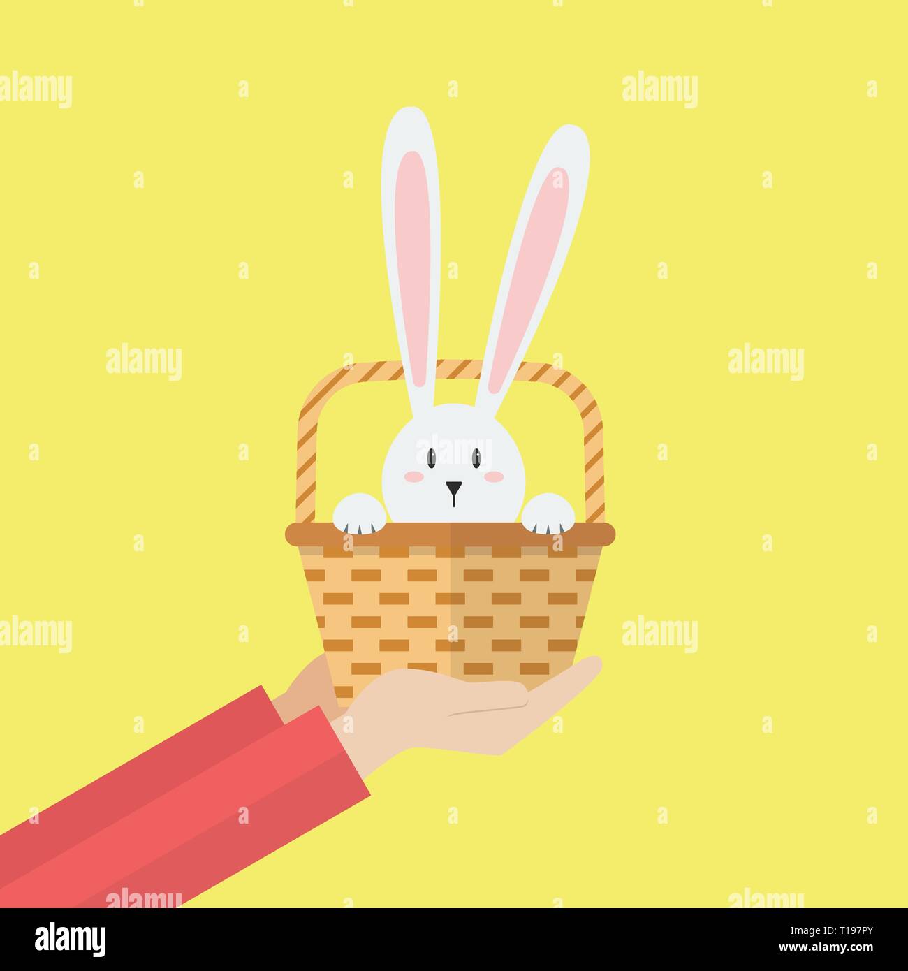 Hand holding rabbit in basket. Easter holiday Vector illustration Stock ...