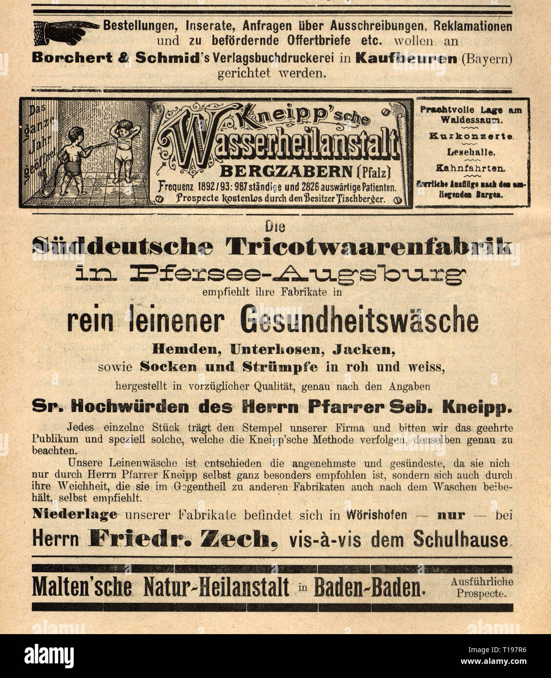 advertising, medicine, naturopathy, advertisements in the 'Central-Blatt fuer das Kneippsche Heilverfahren' (Central Organ for the Therapy according to Kneipp), editor: Alfred Baumgarten (1862 - 1924), IIIrd volume, front page, Kaufbeuren, 1896 / 1897, Additional-Rights-Clearance-Info-Not-Available Stock Photo