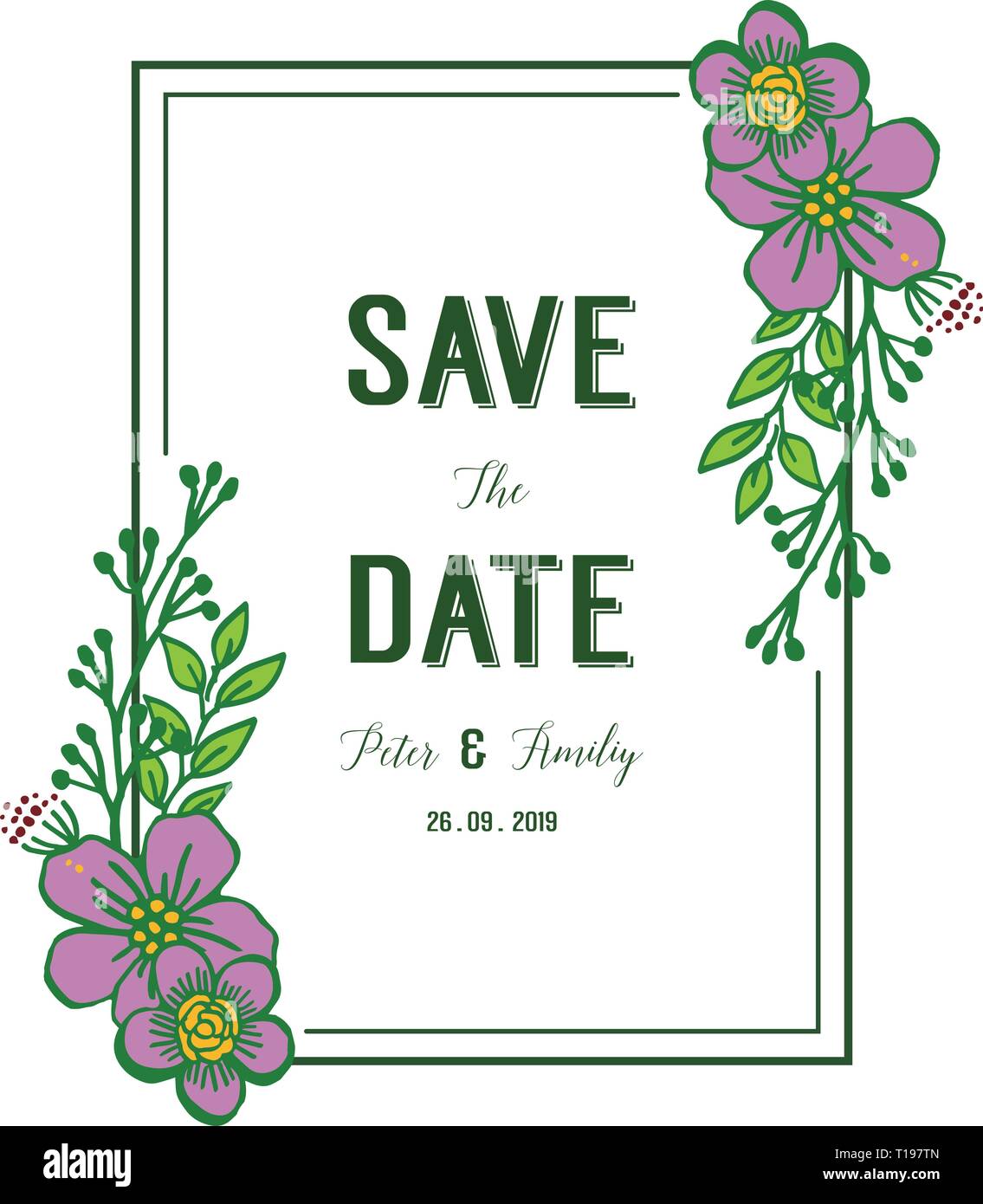 Vector illustration purple flower frame for wedding invitation card ...