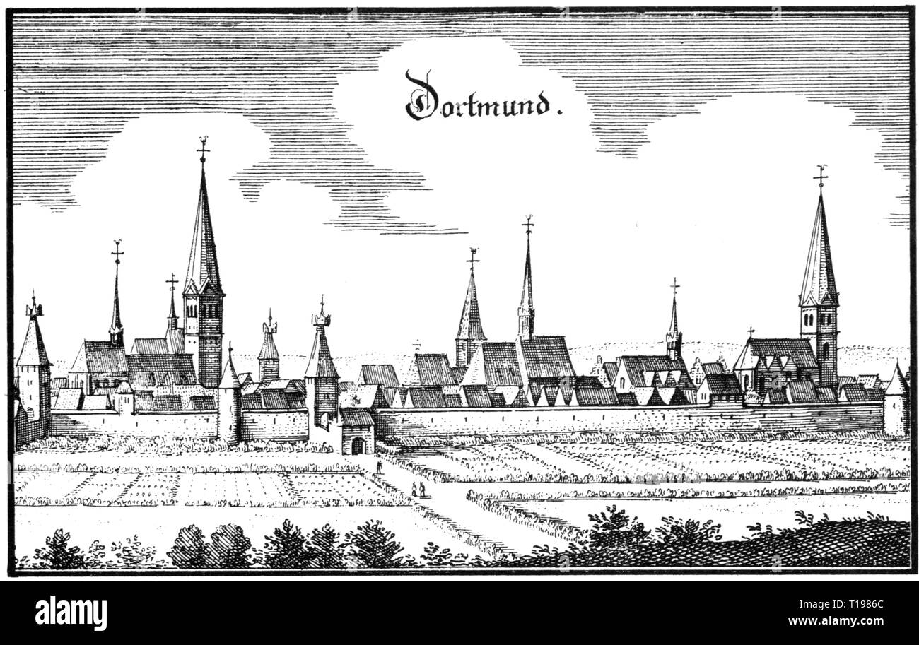 geography / travel historic, Germany, cities and communities, Dortmund, view, based on copper engraving by Matthaeus Merian the Elder, 'Topographia Germaniae', volume 8, 'Topographia Westphaliae', 1647 / 1660, Artist's Copyright has not to be cleared Stock Photo