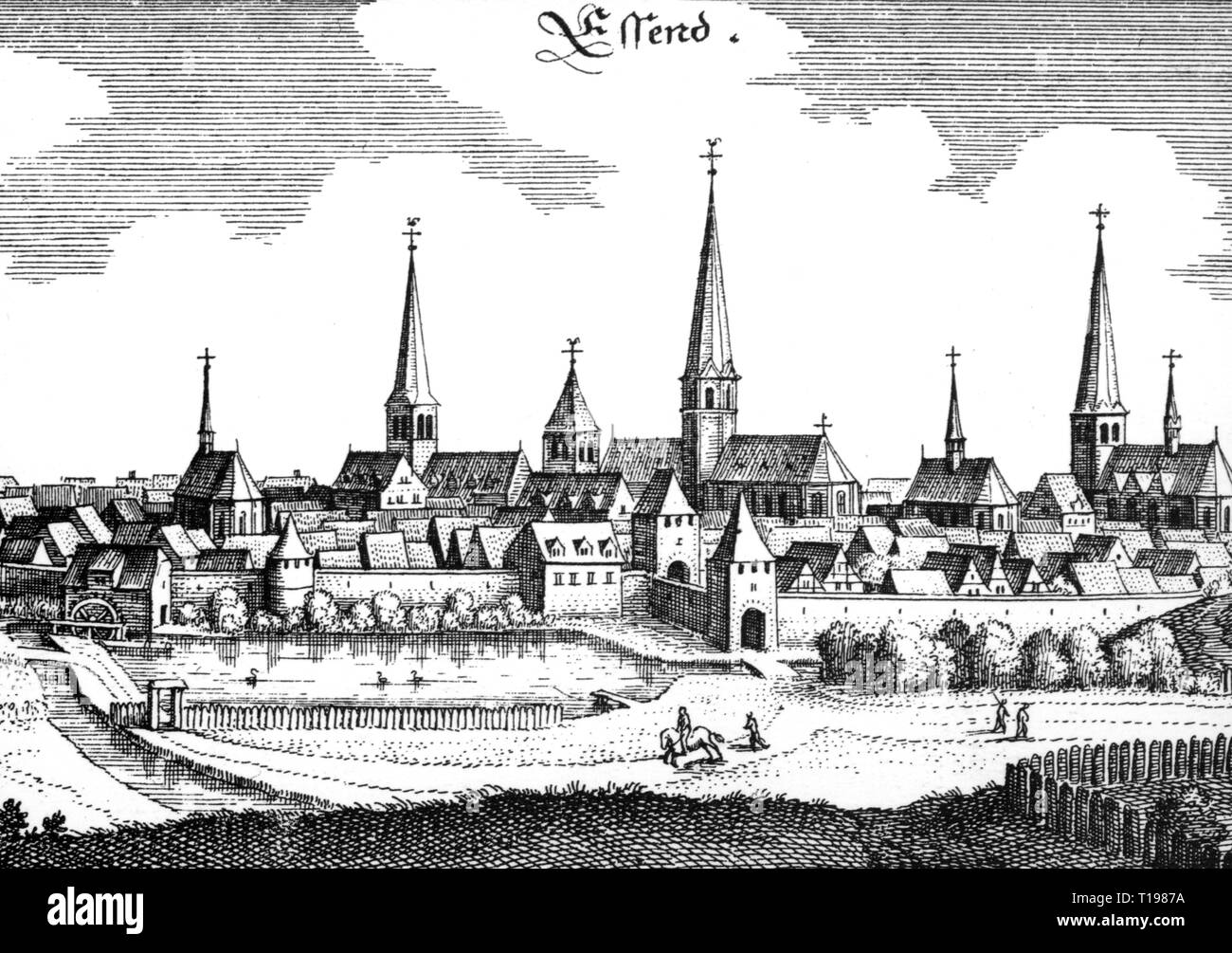 geography / travel historic, Germany, cities and communities, Essen, view, based on copper engraving by Matthaeus Merian the Elder, 'Topographia Germaniae', volume 8, 'Topographia Westphaliae', 1647 / 1660, city, city view, cityscape, city views, cityscapes, townscape, townscapes, churches, church, Essen Cathedral, city fortifications, city wall, city walls, city gate, city gates, Steeler gate, lake, lakes, people, abbey Essen, Women's Convent, princely abbey, clerical territory, clergy, imperial immediacy, Holy Roman Empire, HRE, Westphalian Imperial , Artist's Copyright has not to be cleared Stock Photo