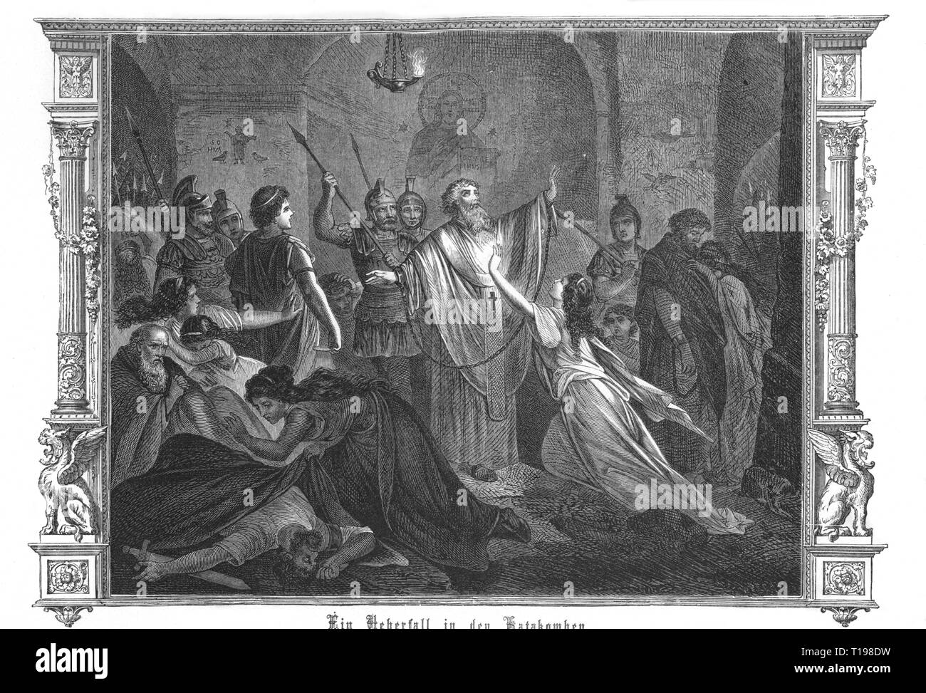 ancient world, Roman Empire, persecution of Christians, 'A raid in the catacombs', wood engraving, 'Roma, The Monuments of the Christian and Pagan Rome', by Dr. Albert Kuhn, 1878, Artist's Copyright has not to be cleared Stock Photo