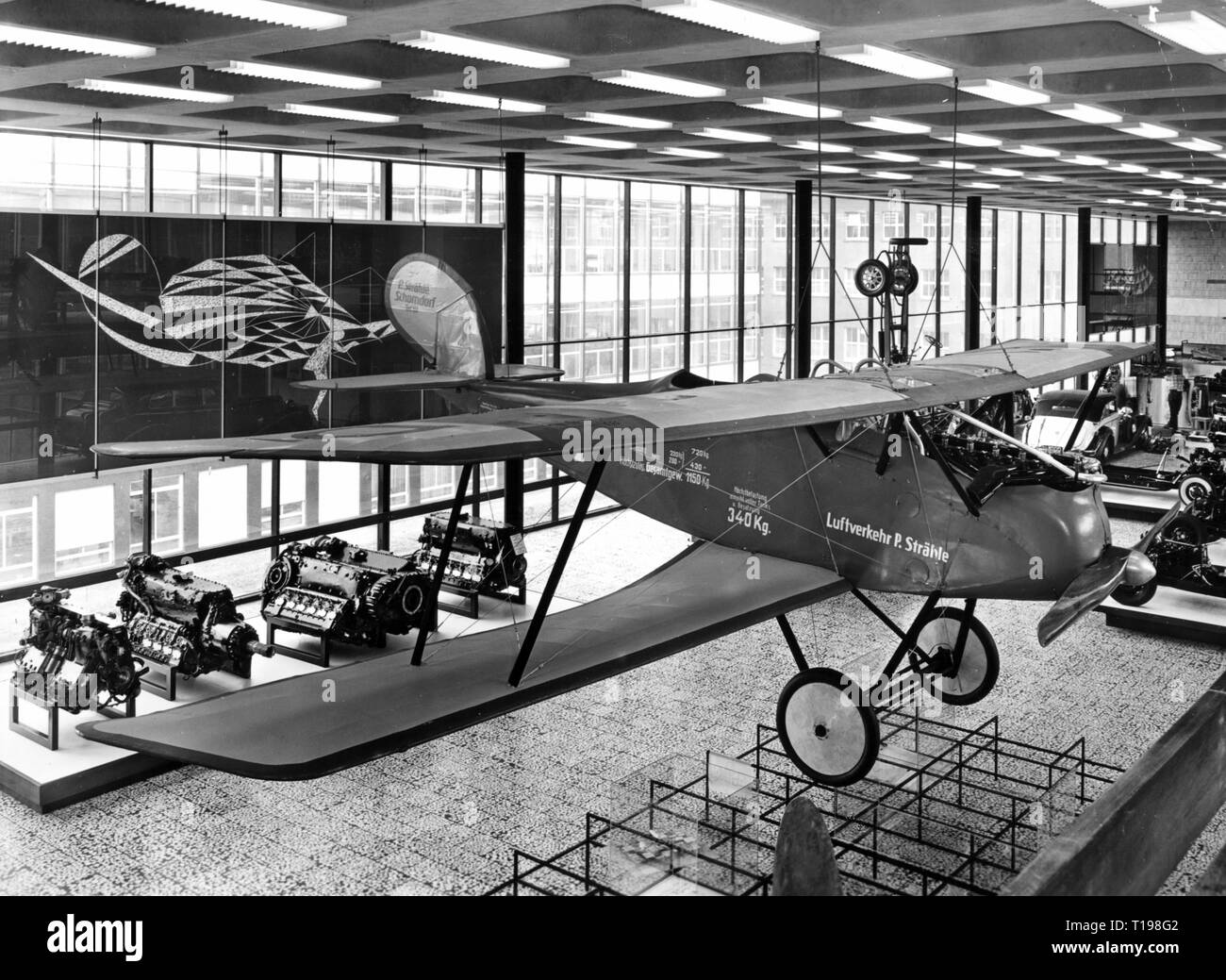 geography / travel historic, Germany, cities and communities, Stuttgart, museums, Mercedes Benz Museum, Untertuerkheim, interior view, department of aviation history department, commercial aircraft Halberstadt CL.IV of the company Luftverkehr Paul Straehle with Mercedes D III engine, 1921, view, 1960s, Additional-Rights-Clearance-Info-Not-Available Stock Photo