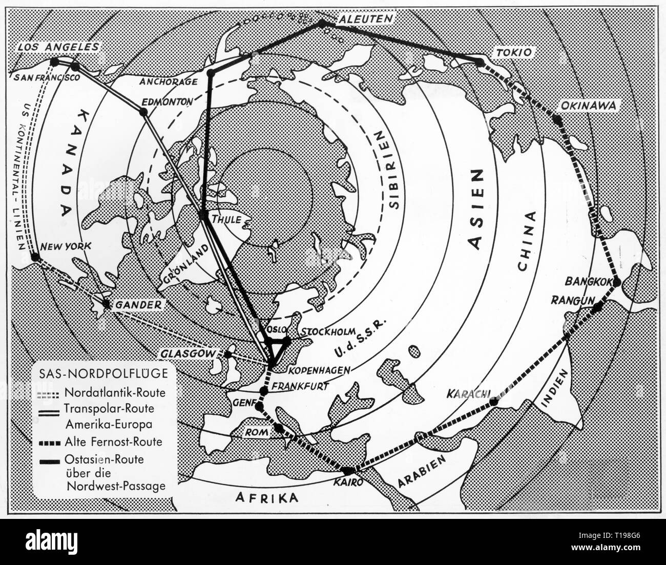 transport / transportation, aviation, airline, SAS Scandinavian Airlines, flight routes across the North Pole: Nordatlantik route, Transpolar route America - Europe, old Far East route, East Asia route across the Northwest Passage, map, 1950s, Additional-Rights-Clearance-Info-Not-Available Stock Photo