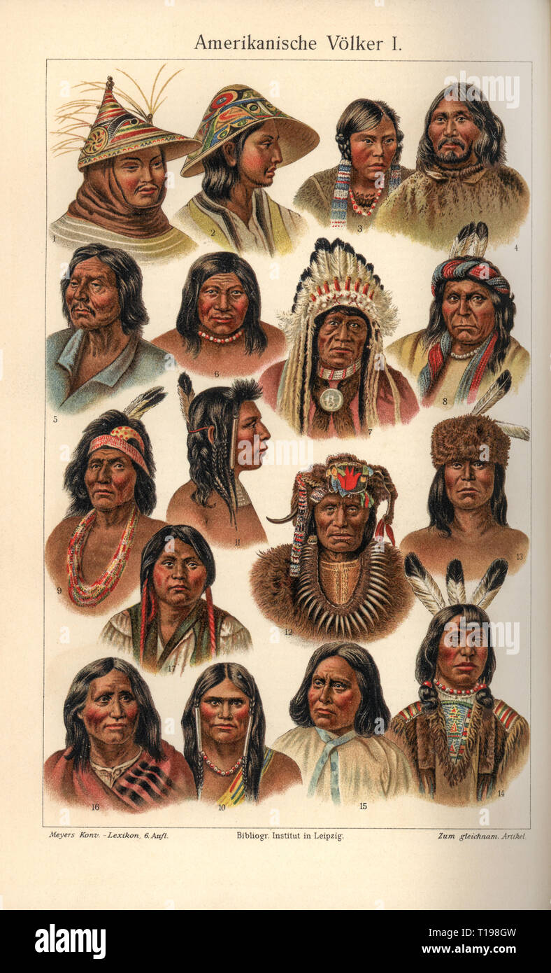 people, ethnicity, American nations I, 1: Aleut, 2: Kolosche, 3 and 4: Eskimo, man and woman, 5: Kowitschim of Vancouver, 6: crow, 7: Blackfeet, 8: Ojibwa, 9 and 10: Pah Utah Indian, 11: Shoshone, 12: Dakota, 13: Pani, 14: Mandan, 15: apache, 16: pueblo, 17: Mexican, colour lithograph, colour platet, Meyers Konversations-Lexikon, 6th edition, volume 1, 1903, Inuit, Lakota, Pawnee, Kwakiutl, Ojibwe, Ojibwa, Chippewa, Paiute, Mexican Indio, Mexico, USA, United States of America, Canada, Aleutian Islands, North America, male, manly, female, encyclop, Additional-Rights-Clearance-Info-Not-Available Stock Photo