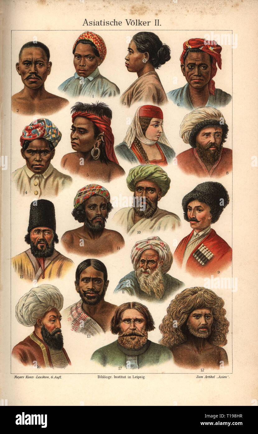 people, ethnicity, Asian nations II, 1: Batavian, 2: East Javanese, 3: woman from Bali, 4: Batta from Sumatra, 5: Dayak from Borneo, 6: Celebes, 7: Georgian, 8: Cherkessian, 9: Karbadinian, 10: Arab, 11: Jew, 12: Weddah, 13: Singhalese from Ceylon, 14: Hindu, 15: Persian, 16: Balochi, 17: Cossack, colour lithograph, colour plate, Meyers Konversations-Lexikon, 6th edition, volume 1, 1903, Batavian, Batavia, Jakarta, Balinese, Java, Dayaks, Indonesia, Georgian, Georgia, Circassians, Singhalese, Sri Lanka, India, Persia, Iran, Iranian, Iranians, Bal, Additional-Rights-Clearance-Info-Not-Available Stock Photo