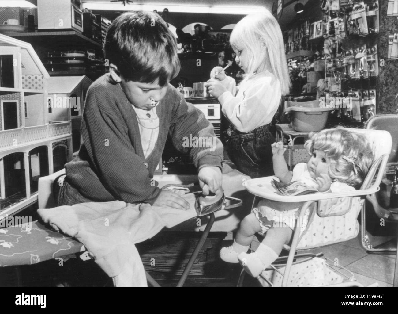 people, children, playing, girls with toys for the housework, 1970s, Additional-Rights-Clearance-Info-Not-Available Stock Photo