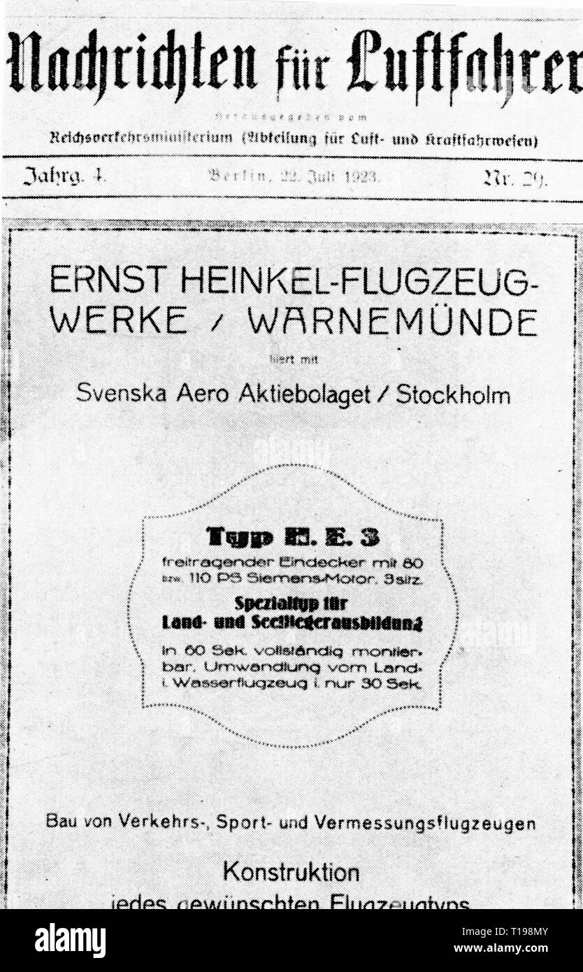 press / media, magazines, 'Nachrichten fuer Luftfahrer', published by the Ministry of Transport, department air and motor traffic, 4th volume, number 29, Berlin, 22.7.1923, title page, Reich Ministry of Transport, ministry, ministries, ministeries, ministry of transport, ministries of transport, aviation, air transport, Ernst Heinkel aircraft factory, Warnemünde, Svenska Aero Aktiebolaget, Stockholm, magazine, magazines, official gazette, official journal, official gazettes, official journals, gazetting, Germany, German Reich, Weimar Republic, 20, Additional-Rights-Clearance-Info-Not-Available Stock Photo