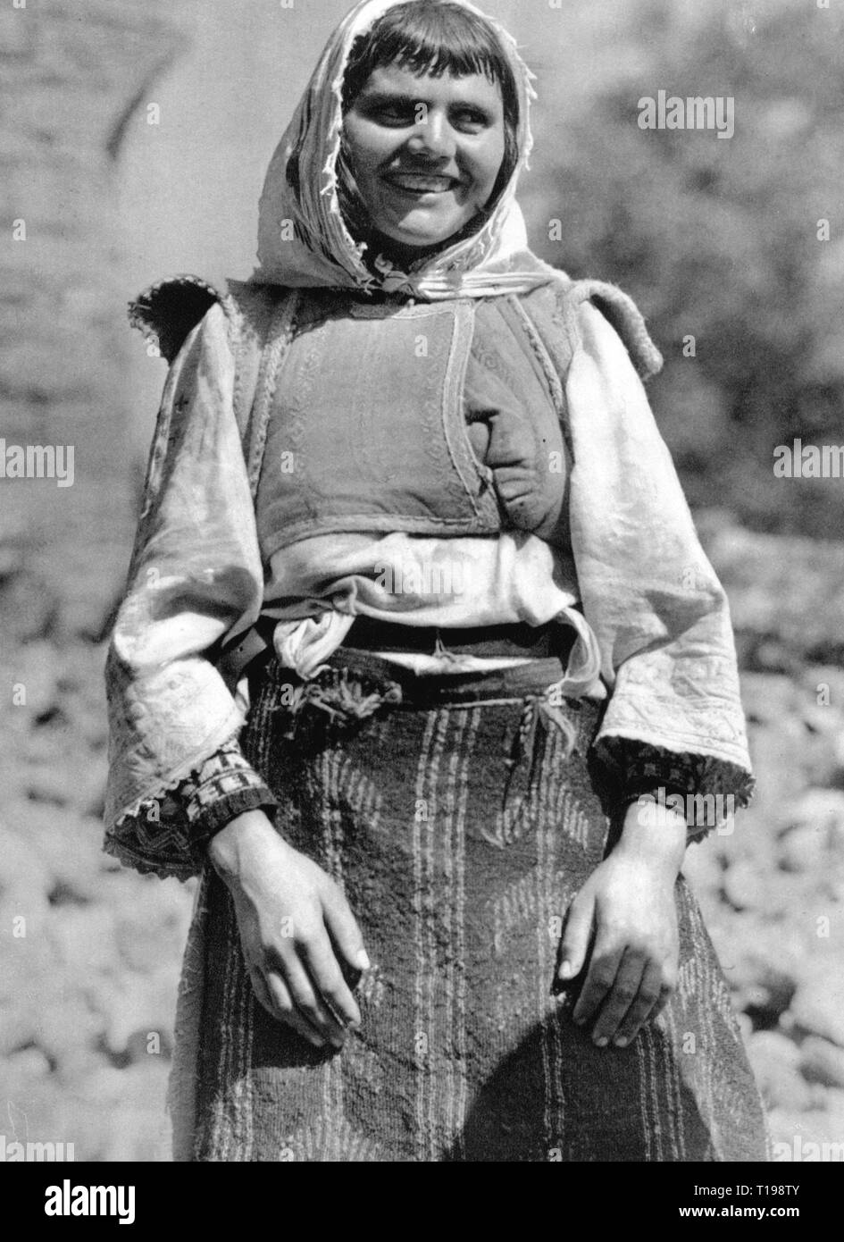 geography / travel historic, Albania, people, Christian farmer's wife from the region of Elbasan, Atlantis, number 10, 1930, Elbasani, ethnicity, ethnic, ethnical, ethnicities, half-length, half length, woman, women, female, folklore, national costume, national costumes, Christian, Christians, Kingdom of Albania, the Balkans, Balkan Peninsula, Europe, 20th century, 1930s, farmer's wife, countrywoman, countrywomen, region, regions, number, numbers, historic, historical, Additional-Rights-Clearance-Info-Not-Available Stock Photo