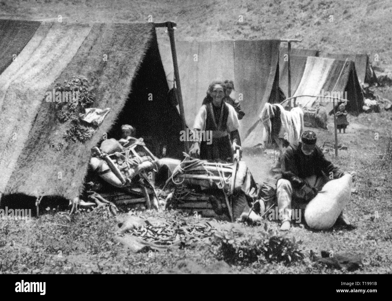 geography / travel historic, Albania, people, Aromanians, camp in the South of Korca, Atlantis, number 10, 1930, tent, tents, ethnicity, ethnic, ethnical, ethnicities, group, groups, Korce, Kingdom of Albania, the Balkans, Balkan Peninsula, Europe, 20th century, 1930s, number, numbers, historic, historical, Additional-Rights-Clearance-Info-Not-Available Stock Photo