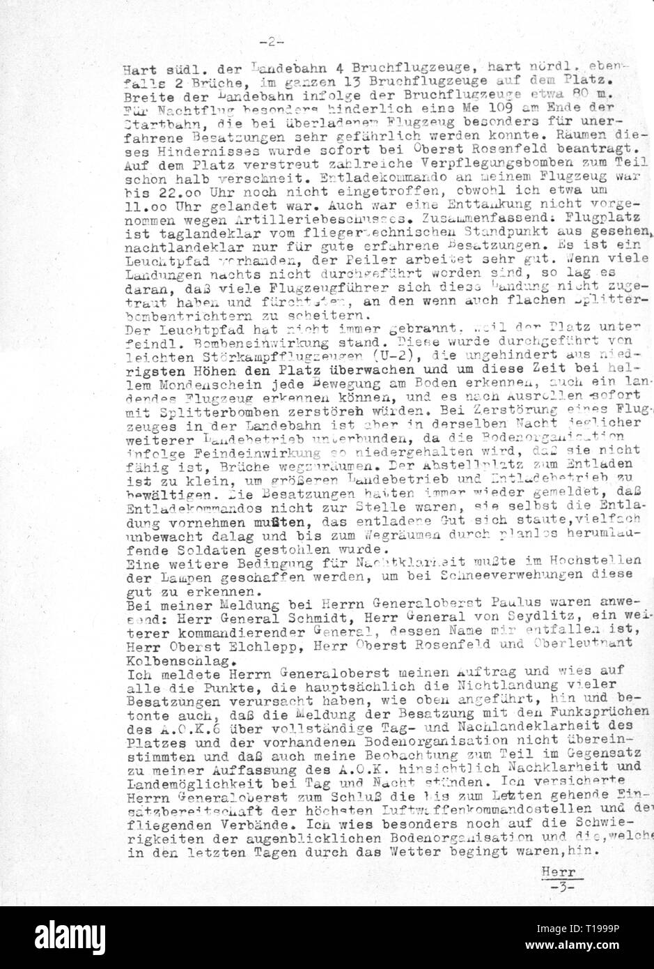 Second World War / WWII, Russia, Battle of Stalingrad, 23.8.1942 - 2.2.1943, report of major Erich Thiel, Commanding Officer of III Group, Fighter Wing 27 'Boelcke', about the condition of the airfield Gumrak and the consultation with Field Marshal General Friedrich Paulus, general commanding 6th Army, to Field Marshal Erhard Milch, Inspector General of the Luftwaffe (German Air Force), command post Stalino, 21.1.1943, copy, page 2, dispatch, despatch, dispatches, despatches, encirclement, German Luftwaffe (German Air Force), Wehrmacht, armed for, Additional-Rights-Clearance-Info-Not-Available Stock Photo
