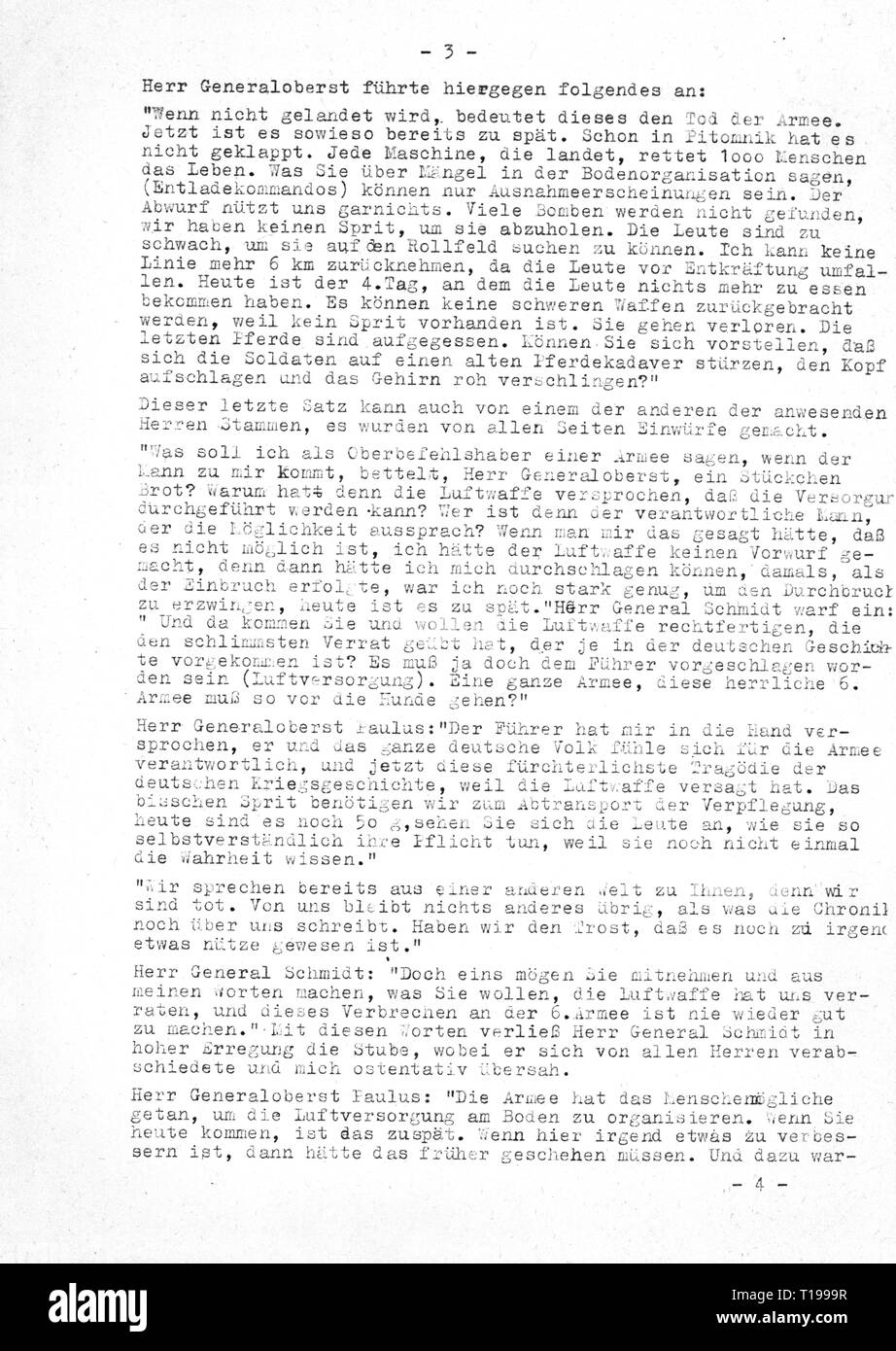 Second World War / WWII, Russia, Battle of Stalingrad, 23.8.1942 - 2.2.1943, report of major Erich Thiel, Commanding Officer of III Group, Fighter Wing 27 'Boelcke', about the condition of the airfield Gumrak and the consultation with Field Marshal General Friedrich Paulus, general commanding 6th Army, to Field Marshal Erhard Milch, Inspector General of the Luftwaffe (German Air Force), command post Stalino, 21.1.1943, copy, page 3, dispatch, despatch, dispatches, despatches, encirclement, German Luftwaffe (German Air Force), Wehrmacht, armed for, Additional-Rights-Clearance-Info-Not-Available Stock Photo