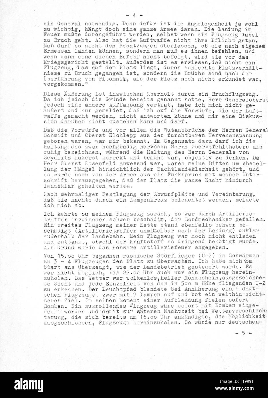 Second World War / WWII, Russia, Battle of Stalingrad, 23.8.1942 - 2.2.1943, report of major Erich Thiel, Commanding Officer of III Group, Fighter Wing 27 'Boelcke', about the condition of the airfield Gumrak and the consultation with Field Marshal General Friedrich Paulus, general commanding 6th Army, to Field Marshal Erhard Milch, Inspector General of the Luftwaffe (German Air Force), command post Stalino, 21.1.1943, copy, page 4, dispatch, despatch, dispatches, despatches, encirclement, German Luftwaffe (German Air Force), Wehrmacht, armed for, Additional-Rights-Clearance-Info-Not-Available Stock Photo