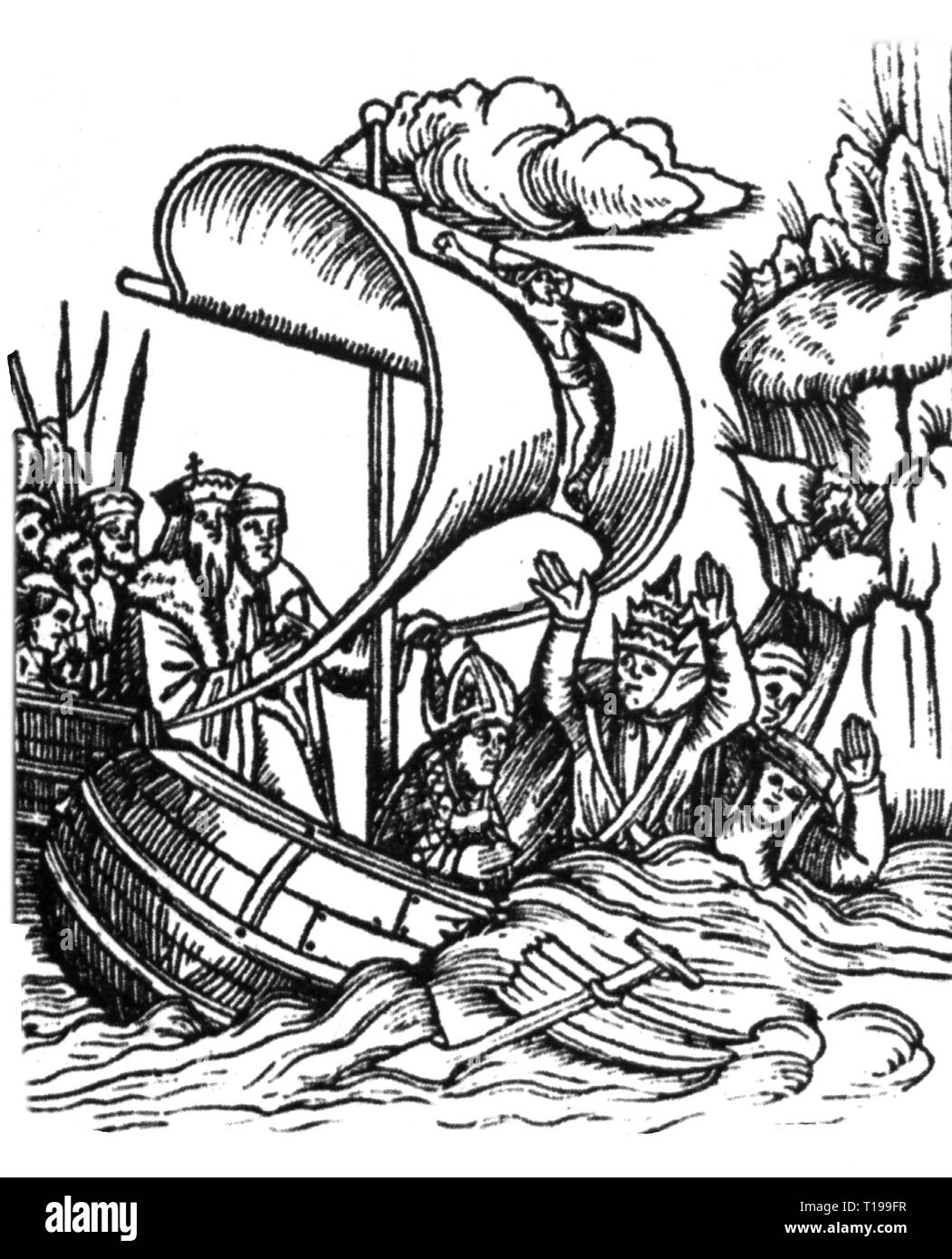 religion, Christianity, allegories, sinking of the ship of the church, woodcut, from: Joseph Gruenpeck (circa 1473 - after 1530), 'Speculum naturalis coelestis et propheticae visio', print: Georg Stuchs, Nuremberg, 1508, Additional-Rights-Clearance-Info-Not-Available Stock Photo