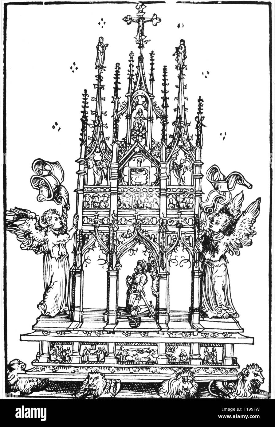 religion, Christianity, altars, Gothic home altar, woodcut by Lucas Cranach the Elder (1472 - 1553), from: 'Wittenberger Heiltumsbuch', Wittenberg, 1509, Additional-Rights-Clearance-Info-Not-Available Stock Photo