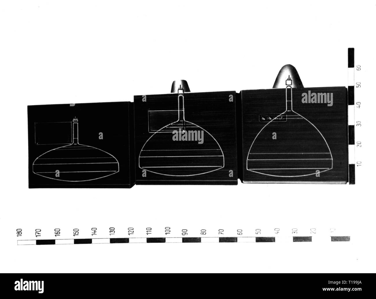 broadcast, television, Nordmende television sets with 53 centimeter screen size, below: model of 1954, centre: model of 1958, top: model of 1960, scheme, diminution of the casing depth, 1960, TV, TVs, technics, scales, on a large scale, on a small scale, on a scale of 1100, reduced scale, comparison, comparisons, casing, casings, body, depth, depths, progress, Germany, 1950s, 20th century, 1960s, television sets, television set, TV sets, TV set, below, further on, further down, downward, centre, center, centres, centers, mock-up, mock-ups, scheme, Additional-Rights-Clearance-Info-Not-Available Stock Photo