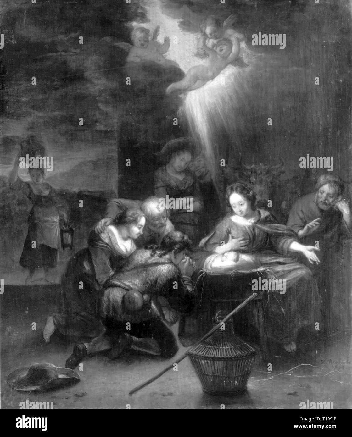 religion, Christianity, Jesus Christ, nativity, 'Adoration of the Shepherds', painting by Richard Brakenburgh (1650 - 1702), 17th century, old pinacotheca, Munich, baroque, fine arts, religious art, art of painting, Messiah, Saviour, Redeemer, half-length, half length, Mary, Madonna, the infant Jesus, baby Jesus, divine infant, baby, babies, child, children, kid, kids, Joseph, shepherd, shepherds, kneel, kneeling, adoration, worships, adoring, adore, worshiping, worship, angel, angels, light, lights, religion, religions, nativity, nativities, herdsman,, Artist's Copyright has not to be cleared Stock Photo