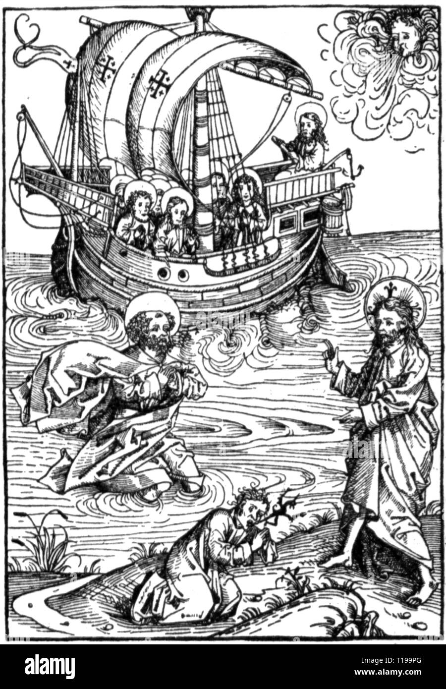 religion, Christianity, Jesus Christ, scenes of his life, 'St. Peter's Distress', by Michael Wolgemut (1434 - 1519), 1493, woodcut, 23 x 17.5 cm, Additional-Rights-Clearance-Info-Not-Available Stock Photo