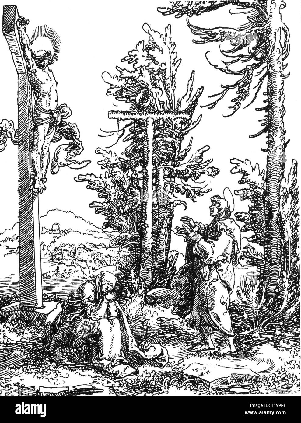 religion, Christianity, Jesus Christ, cross, 'Crucifixion', pen drawing, by Wolf Huber (circa 1485 - 1553), 16th century, gallery of prints, Berlin, Artist's Copyright has not to be cleared Stock Photo