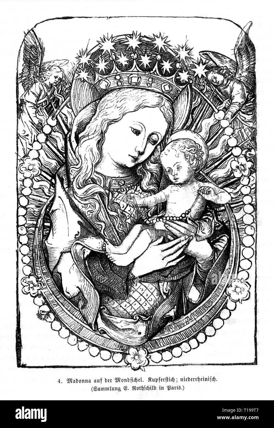 religion, Christianity, Madonna / Mary with child, Madonna on the crescent moon, copper engraving, Lower Rhine, collection E.Rothschild, Paris, Artist's Copyright has not to be cleared Stock Photo