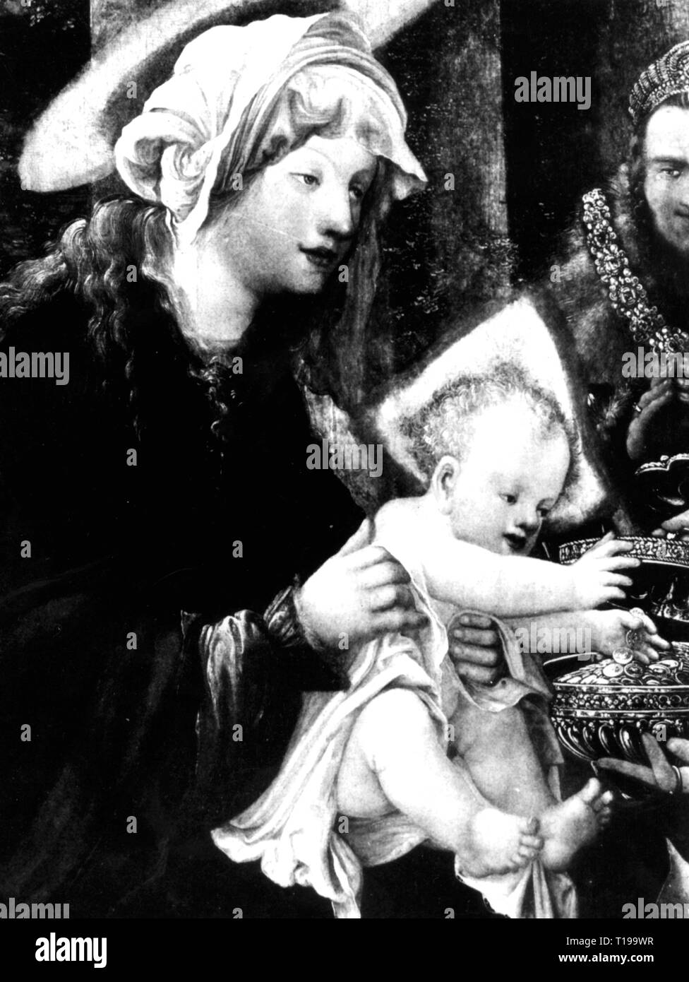 religion, Christianity, Jesus Christ, nativity, 'Adoration of the Magi', painting, detail, b Albrecht Altdorfer (circa 1480 - 1538), circa 1530 - 1535, oil on panel, Staedel, Frankfurt, Artist's Copyright has not to be cleared Stock Photo