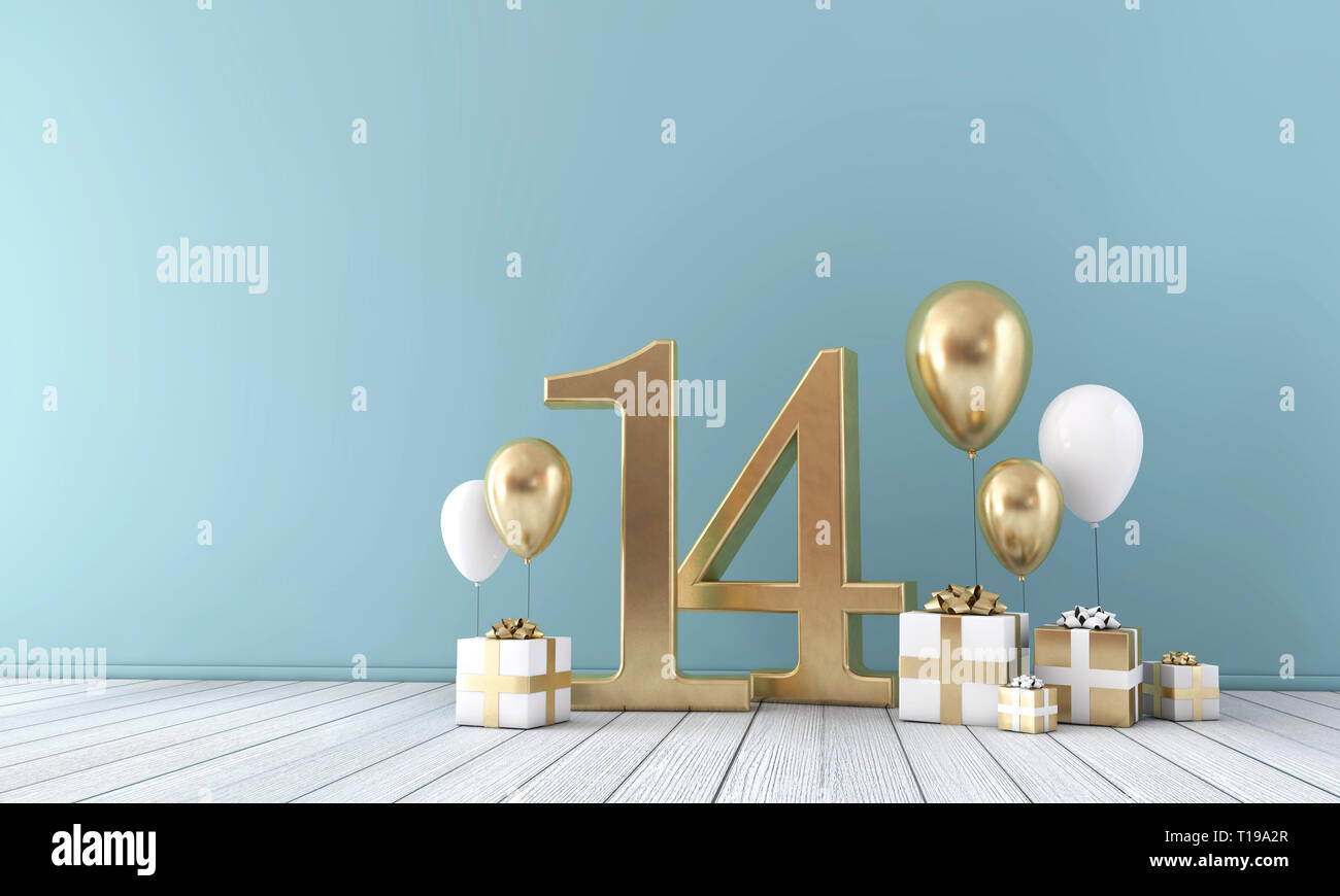 Number 14 party celebration room with gold and white balloons and gift boxes.  Stock Photo