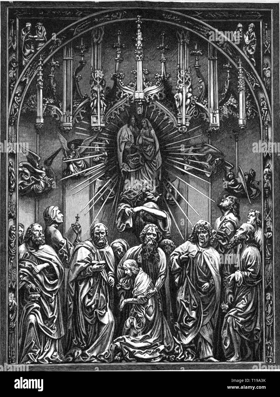 religion, Christianity, Madonna / Mary with child, Falling Asleep of the Blessed Virgin Mary, relief, by Veit Stoss (circa 1447 - 1533), 1477 - 1489, main shrine of the Krakow high altar, St. Mary's Church, Krakow, wood engraving, 20th century, Artist's Copyright has not to be cleared Stock Photo
