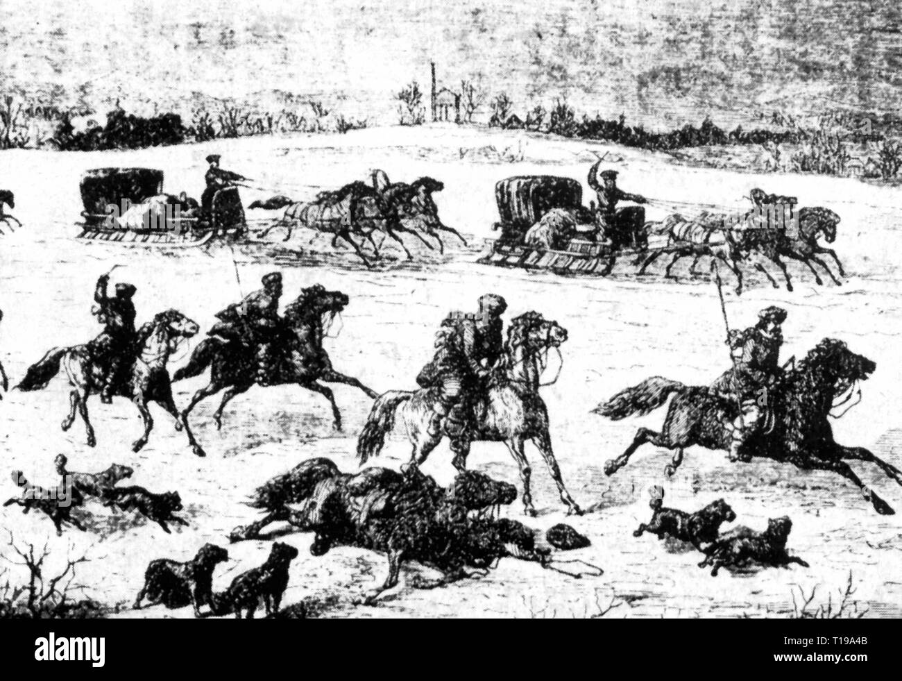 transport / transportation, sleigh, travel party with Cossack escort in Siberia, wood engraving, 2nd half 19th century, Artist's Copyright has not to be cleared Stock Photo