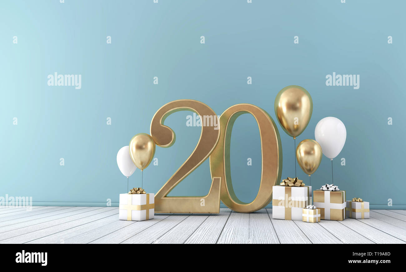 Number 20 party celebration room with gold and white balloons and gift boxes.  Stock Photo