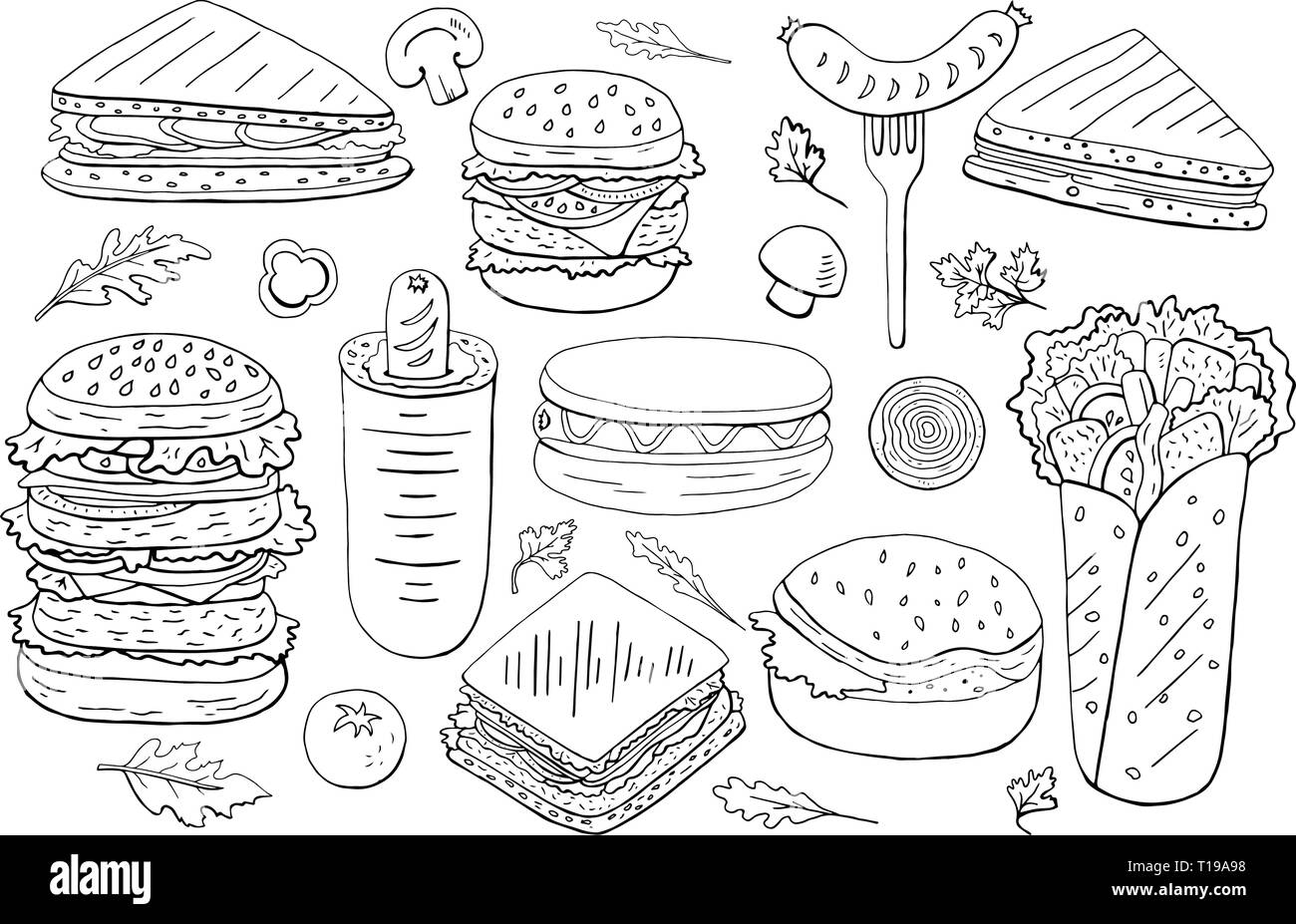 Set of differen burgers and sandwiches black and white Stock Vector