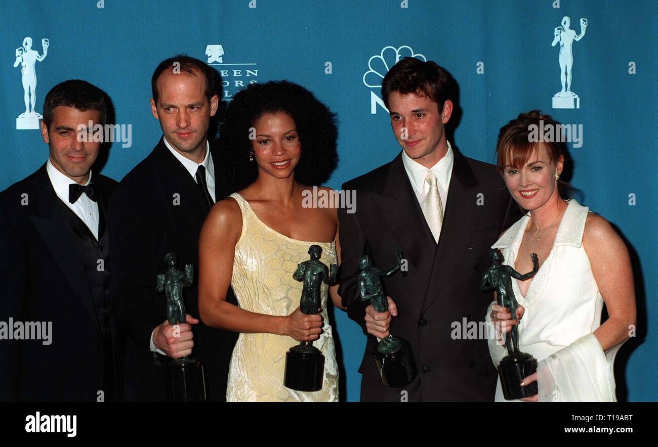 LOS ANGELES, CA. February 23, 1997: 'ER' stars GEORGE CLOONEY (left), ANTHONY EDWARDS, GLORIA REUBEN, NOAH WYLE & LAURA INNES with their Screen Actors Guild Awards for Dramatic TV Series Ensemble.     Pix: PAUL SMITH Stock Photo