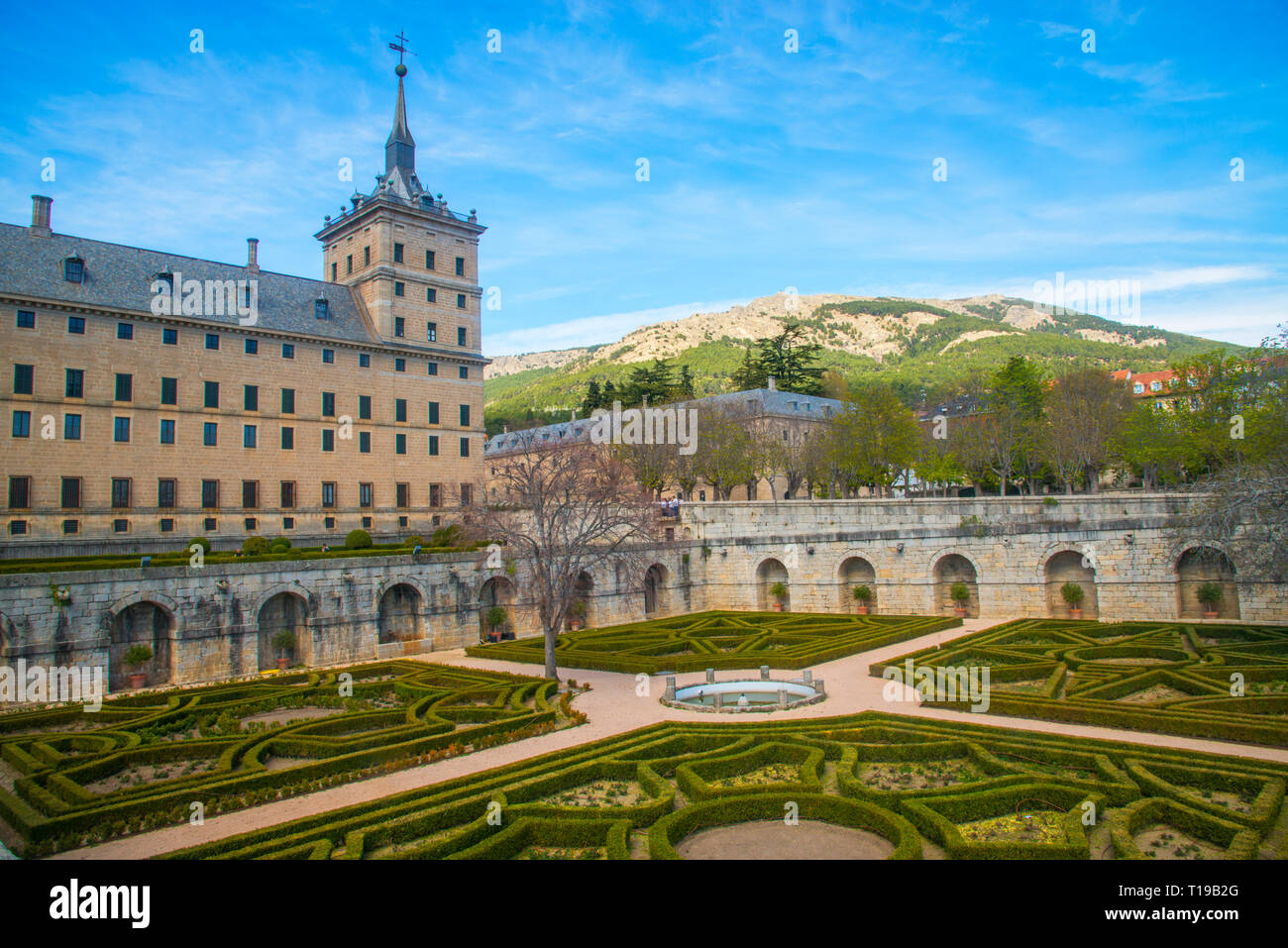 Gardens and Royal Monastery. San Lorenzo del Escorial, Madrid province, Spain. Stock Photo
