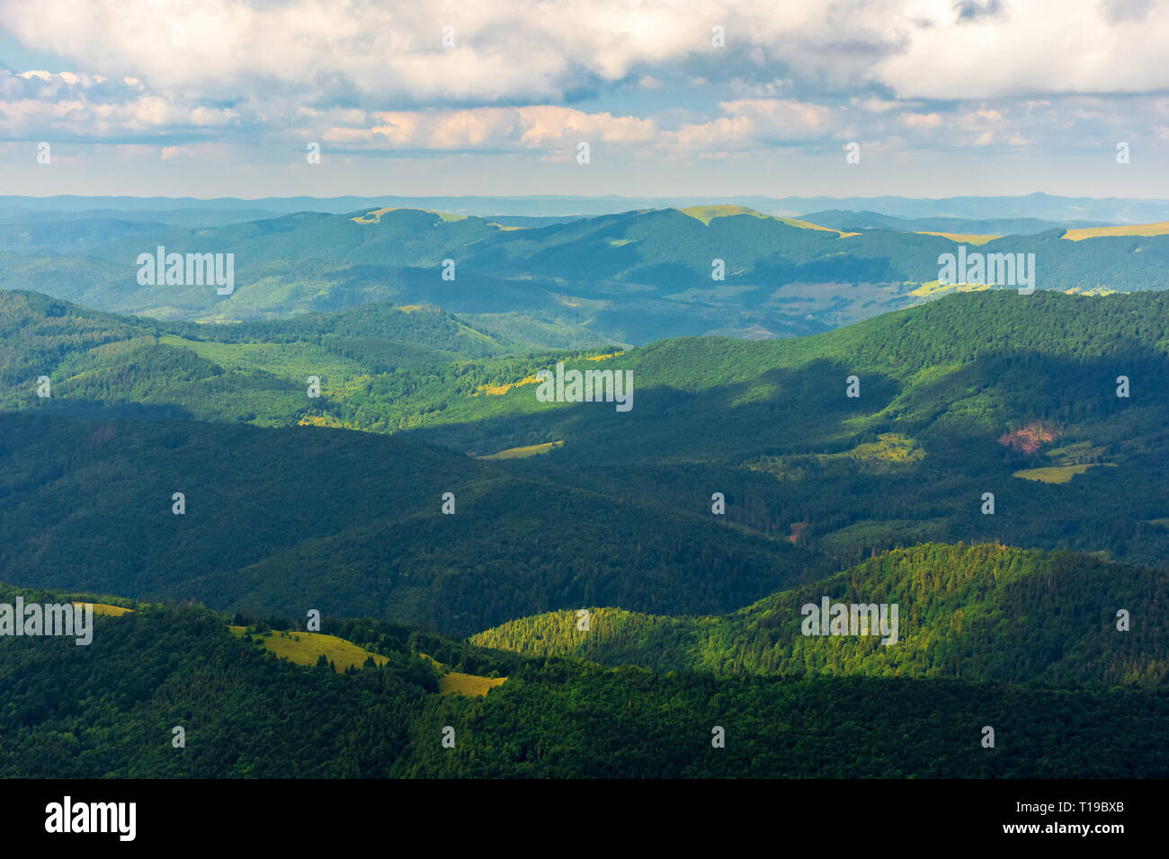 mountains and valleys of Carpathians. beautiful view of Beskid massif in summertime. water dividing ridge in the distance Stock Photo