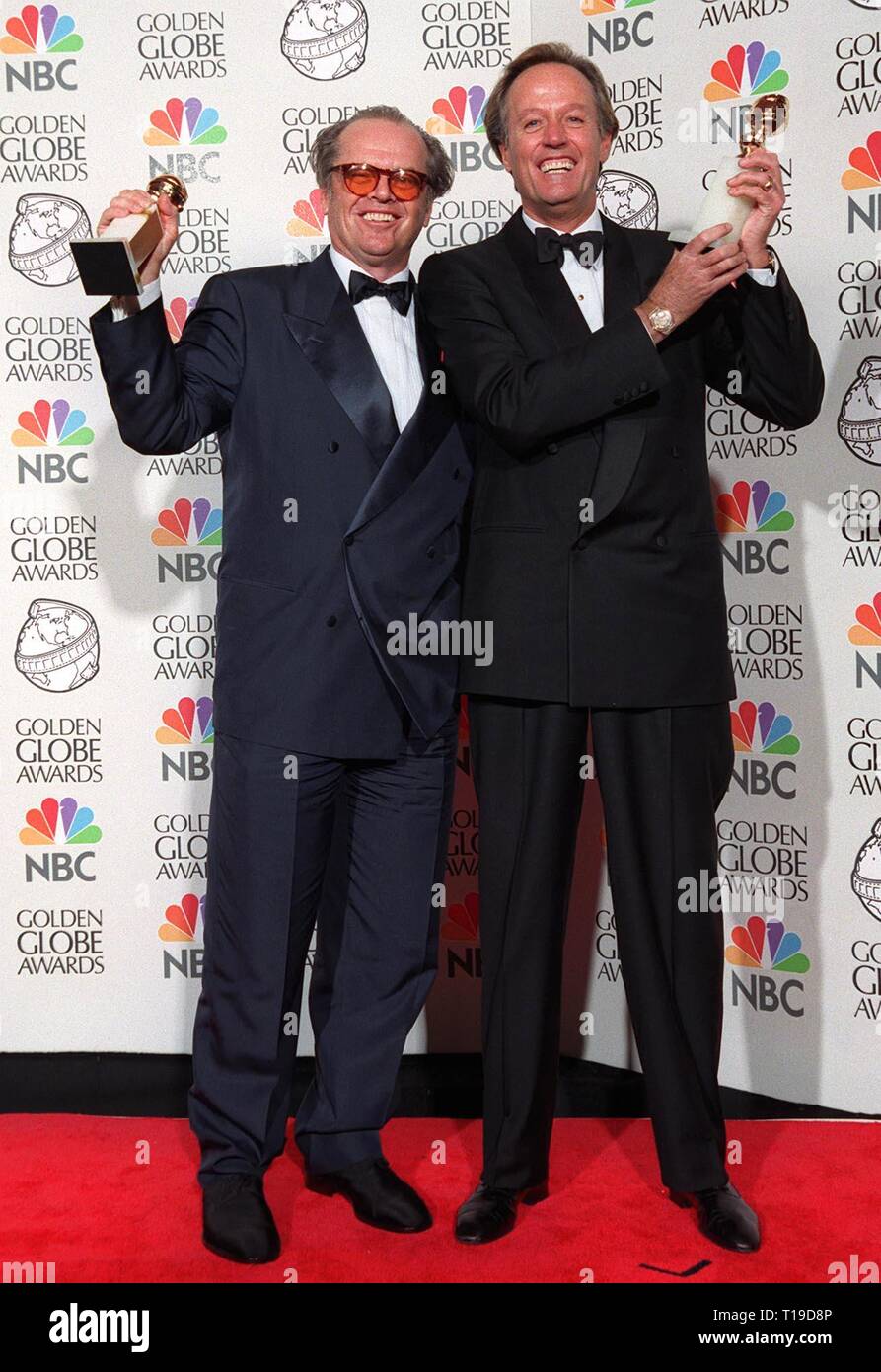 LOS ANGELES, CA - January 18, 1998: Actors JACK NICHOLSON & PETER FONDA at the Golden Globe Awards where they won Best Movie Actor awards for 'As Good As It Gets' (Nicholson) & 'Ulee's Gold' (Fonda). Stock Photo