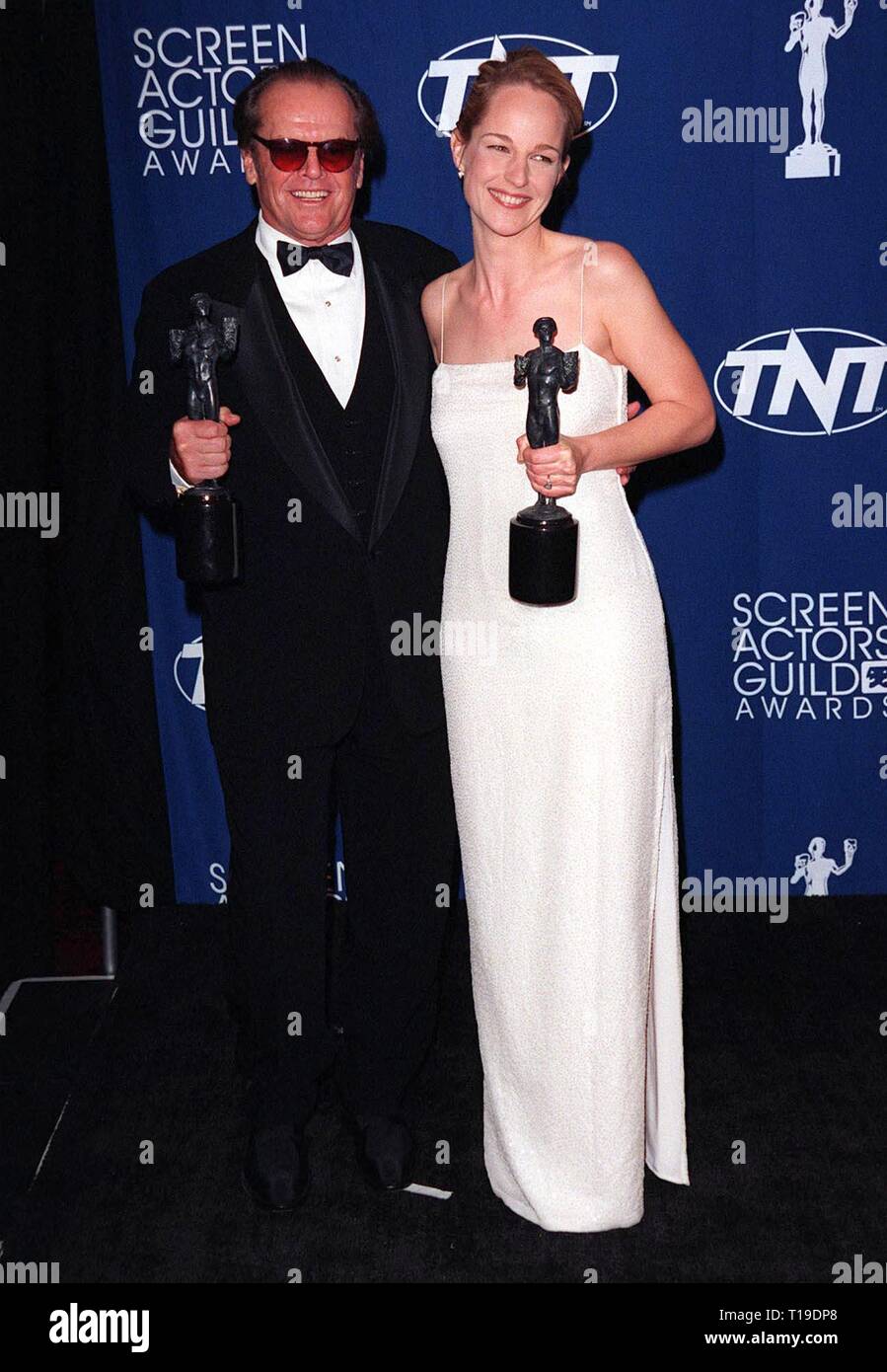 LOS ANGELES, CA - March 8, 1998: JACK NICHOLSON & HELEN HUNT at the Screen Actors Guild Awards in Los Angeles where they won Best Actor & Actress awards for 'As Good As It Gets.' Stock Photo