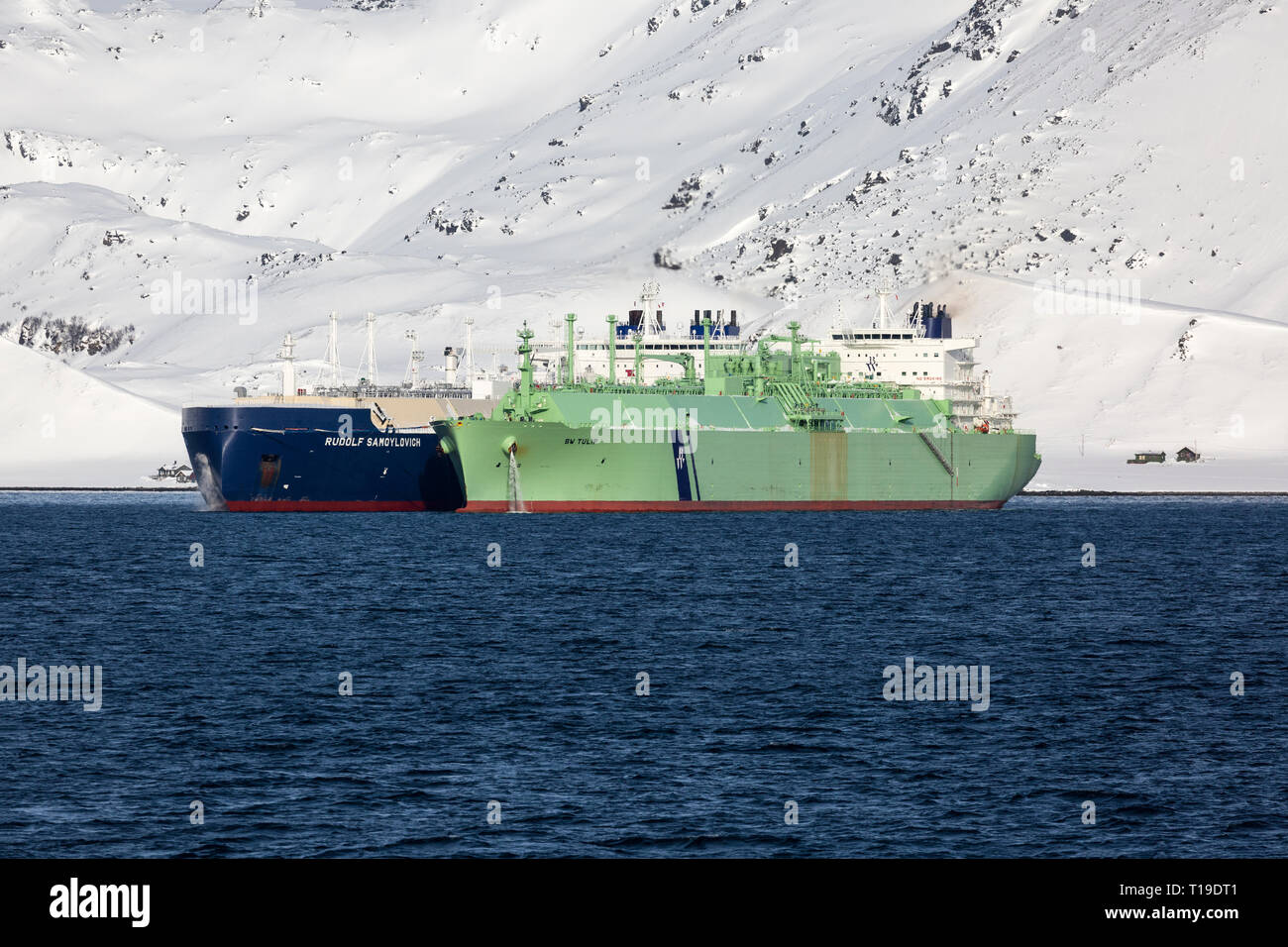 Two LNG, Liquid Natural Gas tankers, the BW Tulip and the Rudolf Samoylovich, awaiting their next cargo, anchored in the Norwegian Fjords. Stock Photo