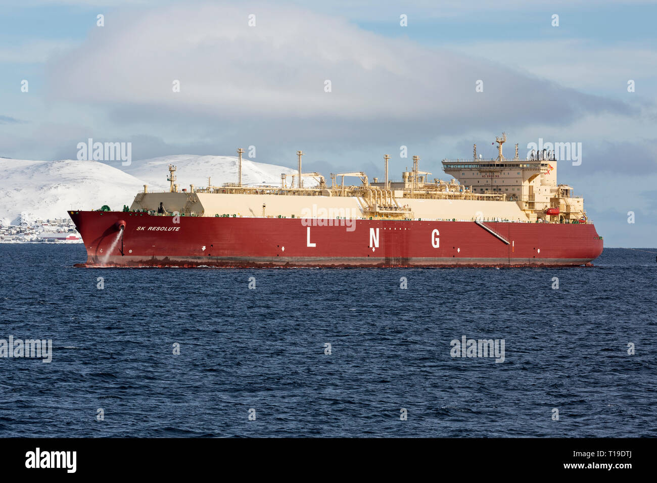 The SK Resolute, a Liquid Natural Gas, LNG, tanker, built in 2018, under anchor in the Norwegian Fjords. Stock Photo