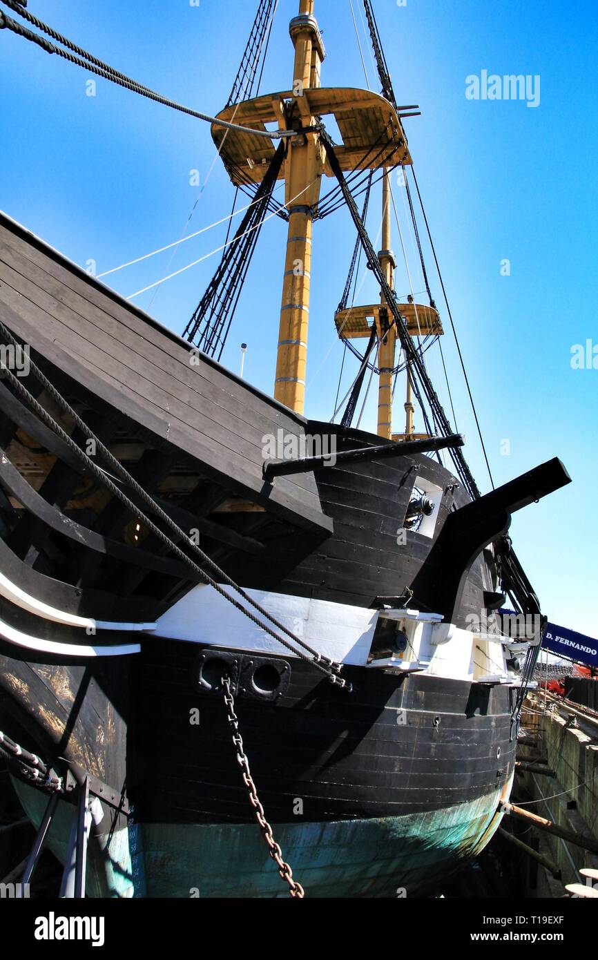 Lisbon, Almada- March 19, 2019: Dom Fernando II e Gloria, an antique frigate of the portuguese navy in Almada port in a sunny day of spring Stock Photo